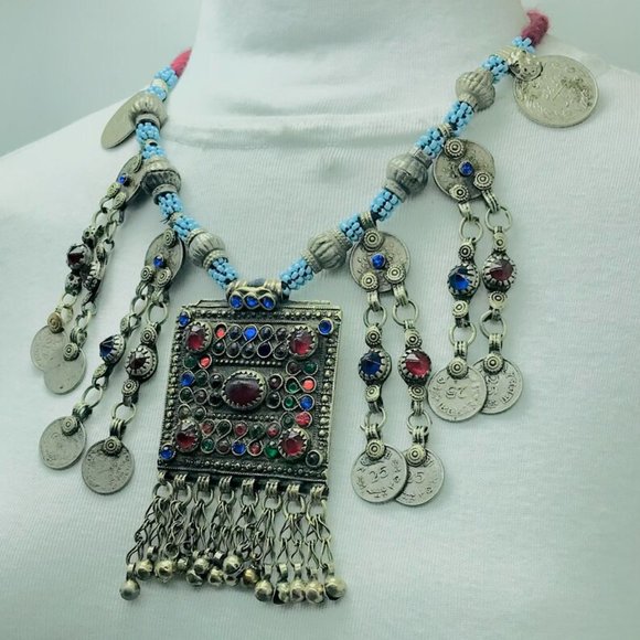 Tribal Handmade Beaded Chain Necklace With Long Tassels and Coins - Picture 5 of 12